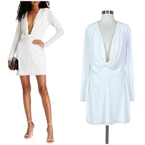 NEW Halston | Fay White Plunge Neck Long Sleeve Designer Mini Dress 12 NWT